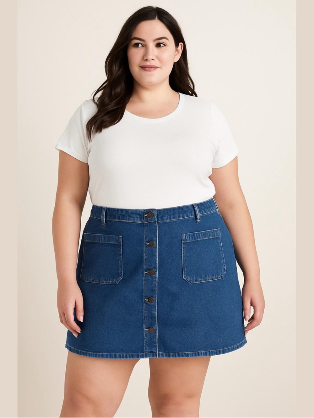 Lands’ End Denim Mini Skirt Womens 18 Blue Button Front A-Line Stretch Y2K